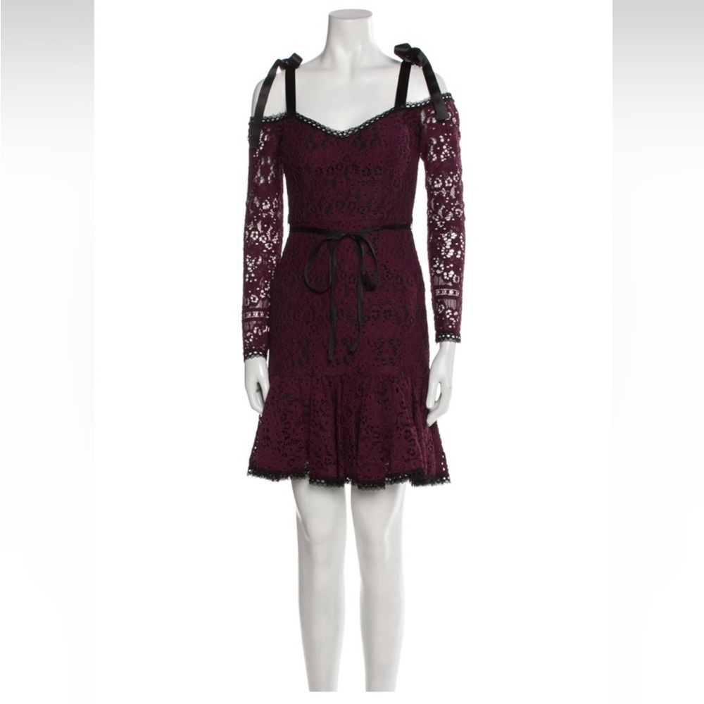 NWT Alexis Sophie Burgundy Lace Off Shoulder Tie Shoulder Dress. Small - Picture 4 of 14